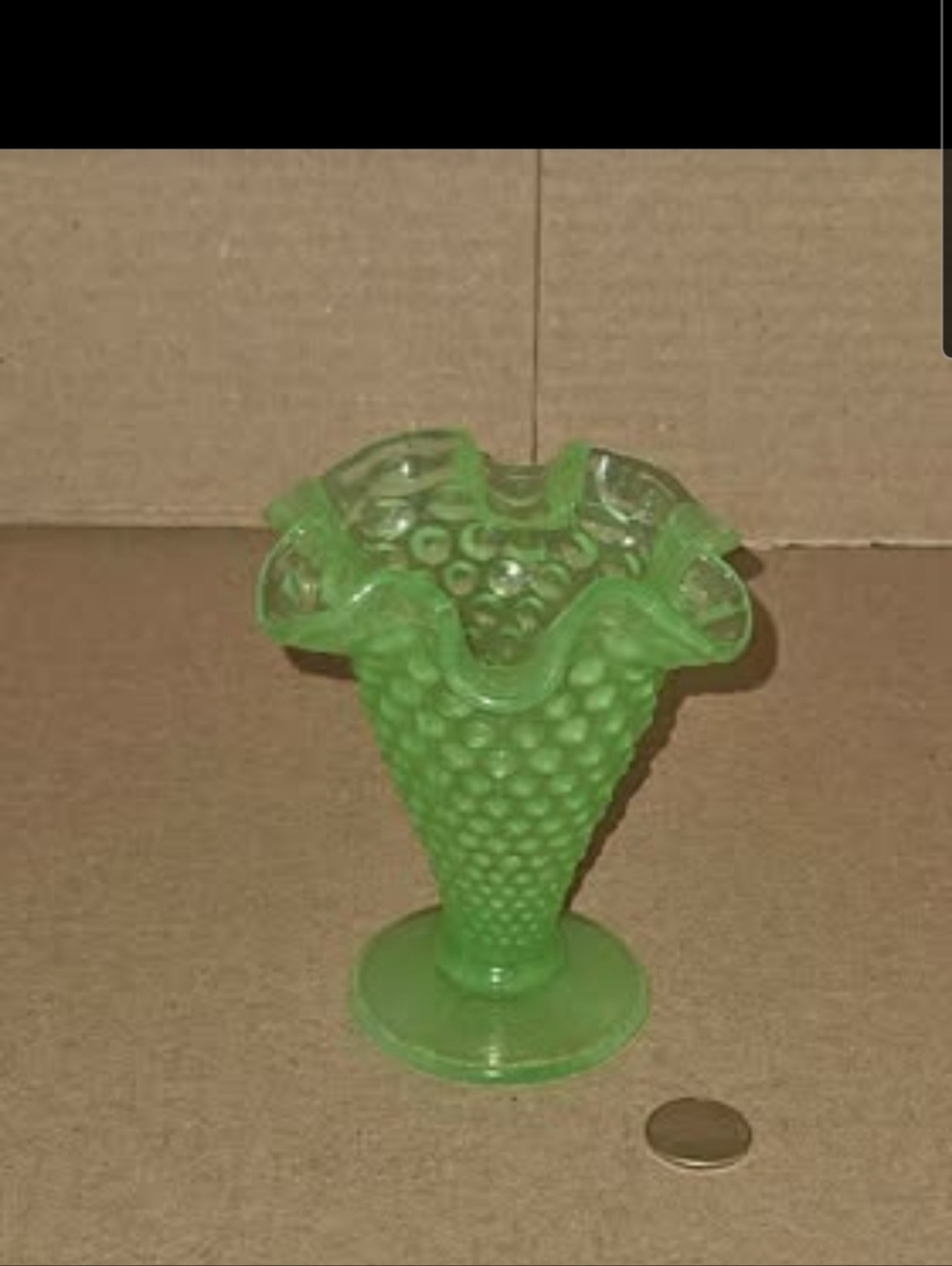 Hobnail Vintage Uranium Glass Ruffled Vase - Vaseline Glass